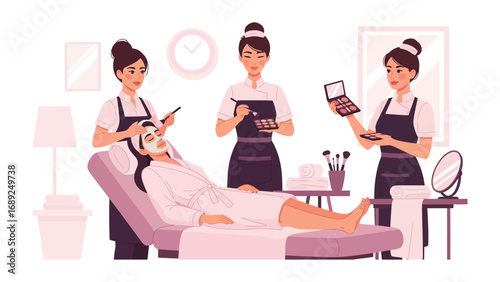Professional makeup artists applying cosmetics to a client lying on a spa bed during a beauty session