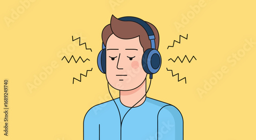 Person Listening to Music with Headphones, Enjoying the Sound and Peace with closed eyes