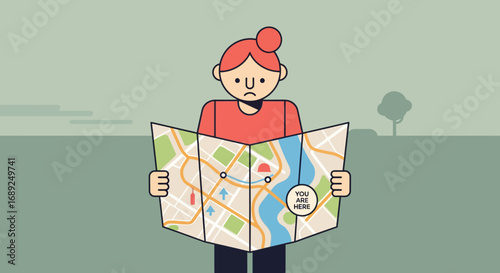 Confused traveler holding a large paper map, feeling lost and trying to find the correct direction for her journey