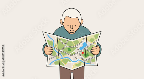 Confused senior man holding a large city map, trying to find directions and navigate his way