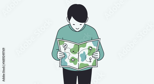 A simple illustration of a man carefully studying a map, planning a journey, and navigating his route for an upcoming adventure or trip