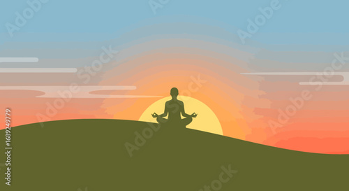 Serene silhouette of a person in a yoga lotus pose meditating on a hilltop against a beautiful, vibrant sunrise