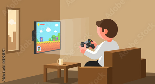 Man enjoying a relaxing evening at home playing a retro video game on his console. Indoor hobby and leisure concept illustration