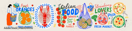 Italian Mediterranean food and cuisine. Vector illustrations of lobster, tomatoes, lemons in mesh shopping bag, pasta, pizza, strawberry, customer with basket, market for icons, poster or banner 