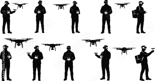Drone operator silhouettes, remote control drones, drone pilots, UAV flying, drone technology, virtual reality headset, drone delivery, aerial photography, modern drone use, innovation.