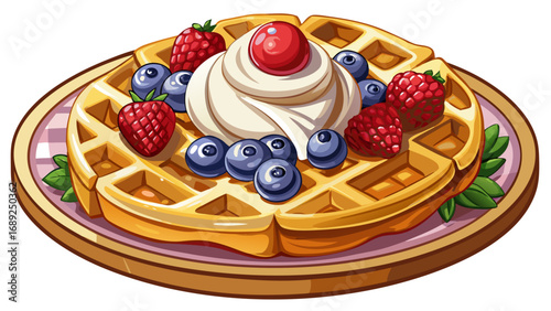 Crispy golden Belgian waffles topped with berries and cream sparkle brightly. Isolated white background highlights iconic street charm, indulgence, and international recognition of Belgian dessert art