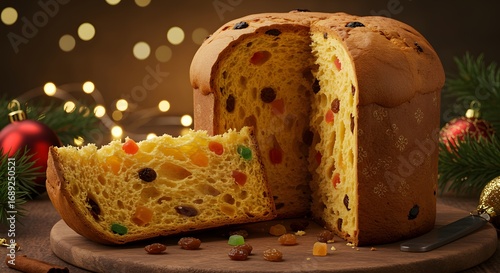 A close-up shot of a sliced panettone on a wooden board, with blurred festive lights in the background. This is the image that evokes a sense of the holidays.