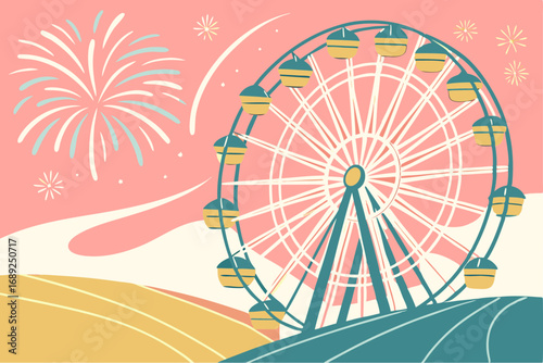 Vintage illustration of a Ferris wheel with sparkling light trails and fireworks in a festive atmosphere