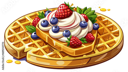 Crispy golden Belgian waffles topped with berries and cream sparkle brightly. Isolated white background highlights iconic street charm, indulgence, and international recognition of Belgian dessert art