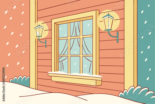 Vintage window with snow and warm lights creating a cozy winter atmosphere in soft colors