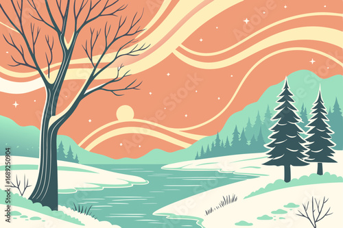 Vintage winter landscape with aurora and river at sunset in a soothing color palette