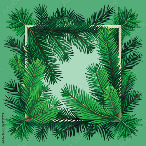 Vibrant green fir branch rectangular frame border design