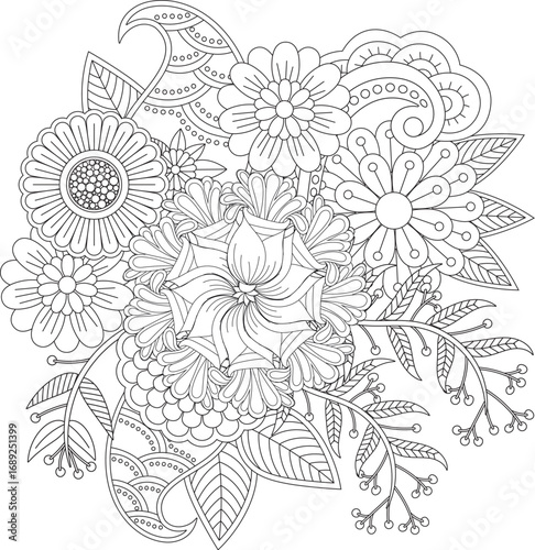 Detailed floral mandala coloring page for relaxation and creative expression white background