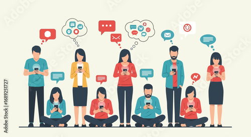 A group of people engrossed in their smartphones, exchanging messages and engaging in online communication.