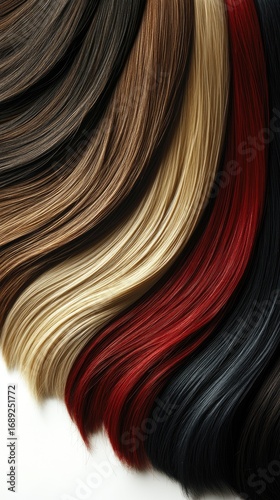 Assortment of multi-colored hair strands and color swatches in various shades from blonde to black, fanned out on a white background, representing different hair colors and textures.
