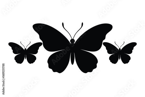 This image features three stylized butterfly silhouettes in black against a pure white background.