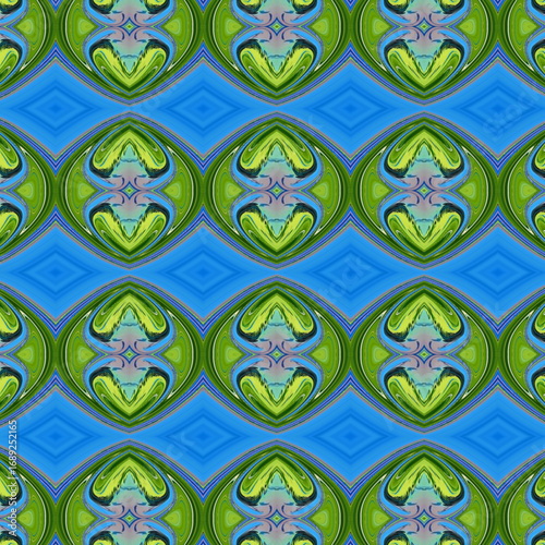 Abstract seamless green and blue geometric pattern with flowing symmetry. Vibrant decorative design with golden keywords for modern textiles and wallpapers.