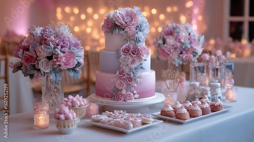 A delightful wedding reception setup with a beautifully decorated cake and a table full of sweets, providing a sweet ending to the celebration