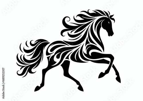 Horse galloping playfully and cheerfully, black and white vector silhouette