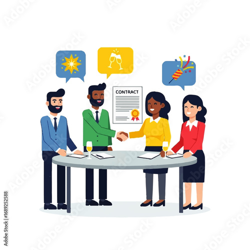 Four diverse businesspeople joyfully shake hands over a signed contract, celebrating a successful partnership with celebratory icons.