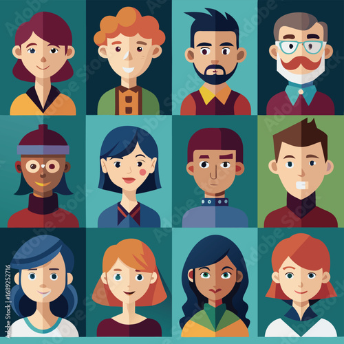 Grid of 15 stylized flat avatar portraits with diverse features