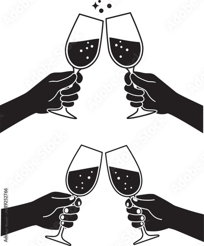 Four pairs of hands clinking wine glasses silhouette