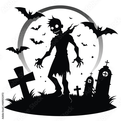 Spooky Halloween zombie silhouette with bats and tombstones under a moon graveyard