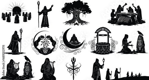Mystical wizard silhouettes, ancient rituals, magic staffs, enchanted tree, moon meditation, ceremonial gatherings, fantasy sorcery, medieval folklore icons.