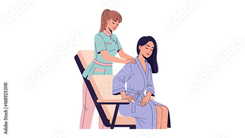 Therapist provides a relaxing neck and shoulder massage to a client seated in a chair