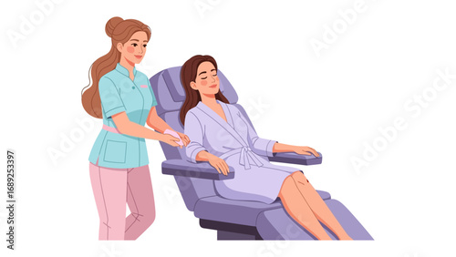 Aesthetician assists patient relaxing in a comfortable treatment chair during a spa procedure