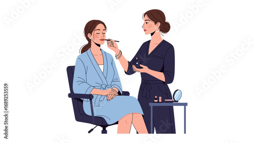 Professional makeup artist applying cosmetic products to a smiling woman in a robe for a beauty session