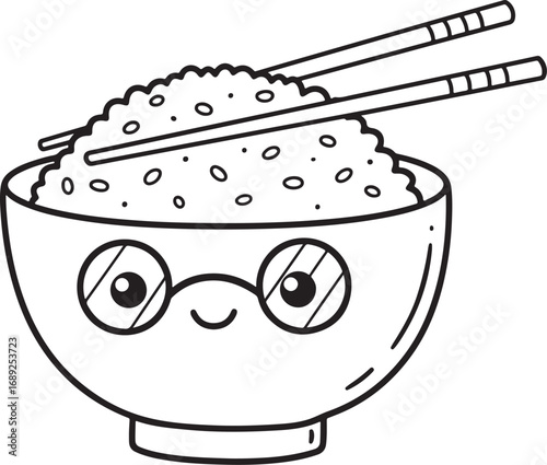 Cute cartoon rice bowls with chopsticks silhouette
