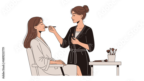Professional makeup artist applying cosmetics to a client in a salon setting with tools and brushes