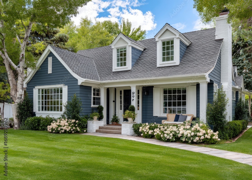 Fototapeta premium a blue house with white trim, a shingled roof, and landscaping in front of it