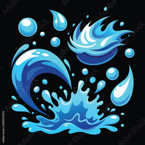 Collection of stylized cartoonish water splashes and drops