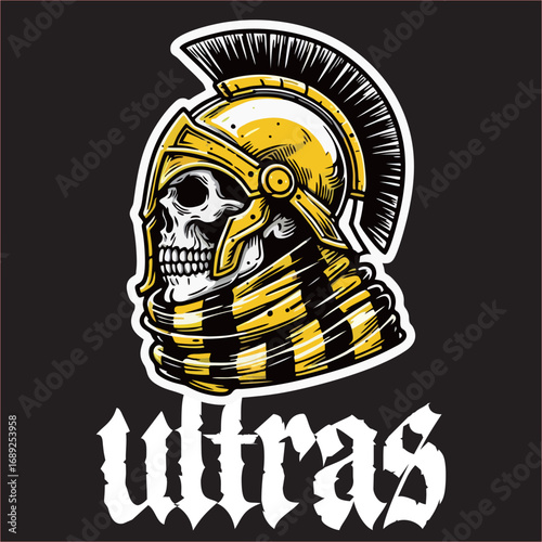 A illustration of logo hooligan ultras spartan lions with yellow white drawing line 
