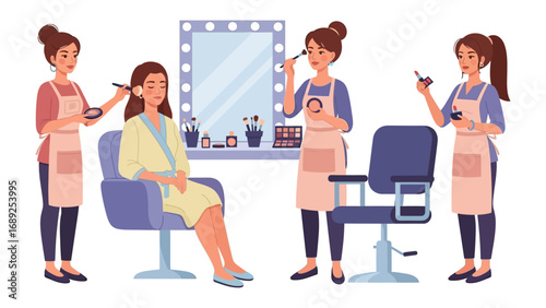 Professional makeup artists applying cosmetics to a client in a salon setting with a mirror
