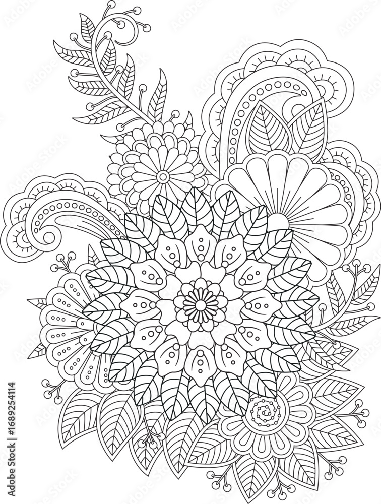 Fototapeta premium Mandala flower coloring page detailed outline art for relaxing creative expression white background