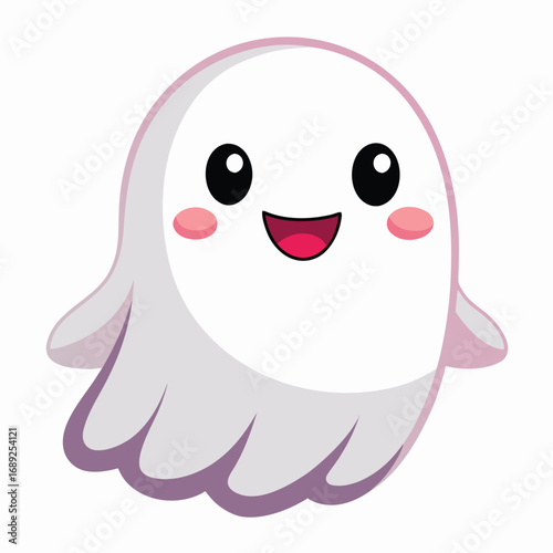 Cute cartoon white ghost with pink cheeks and happy expression character
