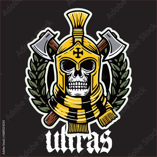 A illustration of logo hooligan ultras spartan lions with yellow white drawing line 