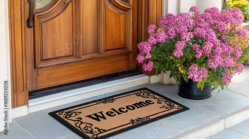 Welcome Mat in Front of a Classic Wooden Door with Vibrant Pink Flowers