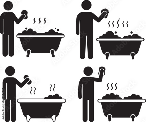 Four icons of a person taking a hot bath silhouette