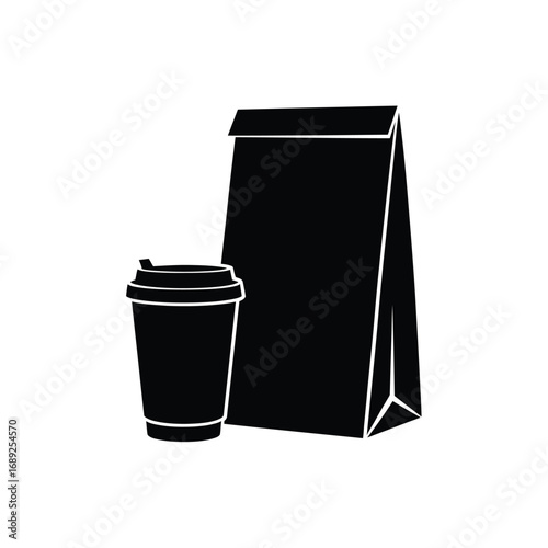 Black silhouette of a coffee cup and paper bag on a white background