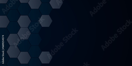 Abstract Hexagonal Pattern Background Design for Technology. A modern, dark background filled with overlapping translucent hexagons in varying shades of gray and blue. Vector for business and banner. 