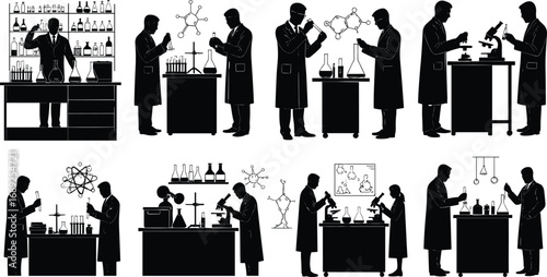 Scientists working in laboratory with chemical experiments, research and analysis, lab equipment, microscope, scientific teamwork, laboratory study, chemical testing, professional researchers