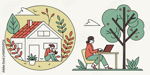 Minimalist flat vector illustration of women working remotely outdoors and relaxing at home modern style.