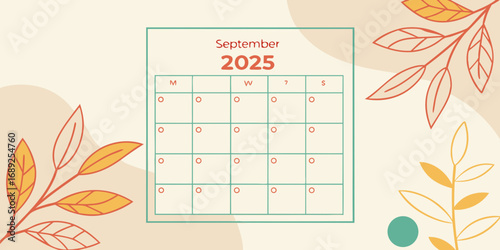 Minimalist September 2025 Calendar Grid with Stylized Autumn Leaves and Teal Accents.