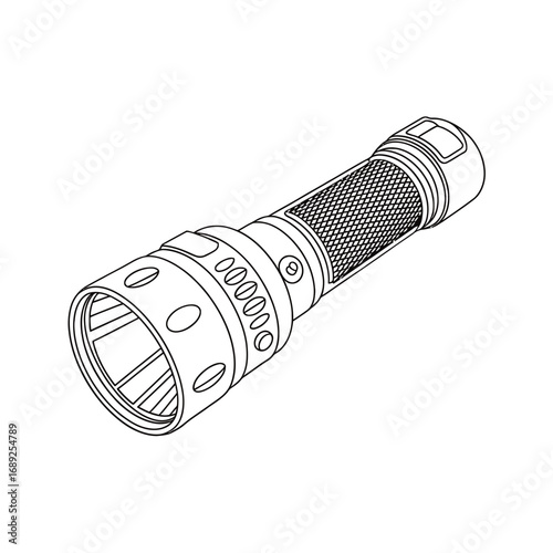 Detailed line drawing of a modern led flashlight on a white background