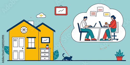 Vibrant flat illustration of remote work featuring a house a cat and two people collaborating virtually in a cloud.