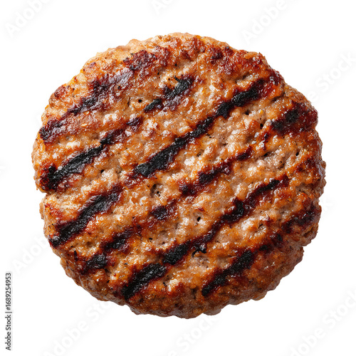grilled beef burger patty top view on white background
